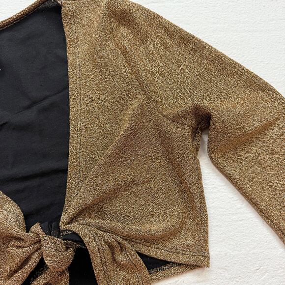 Y2K Sparkly Gold Tie Front Crop Top Shrug Feather Trim, Size Small - Picture 4 of 6